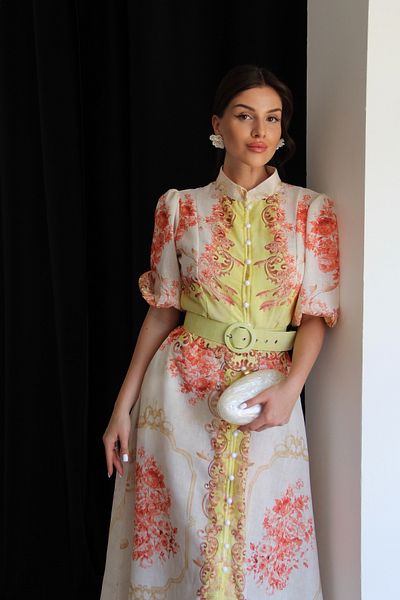 Julidress Yellow Patterned Belted Pocket Midi Length Premium Design Linen Dress