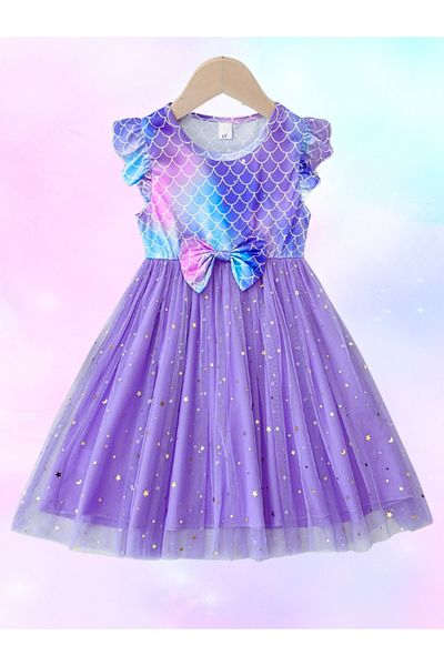darko Mermaid Short Sleeve Midi Length Girls Purple Dress Mermaid Tutu Skirt Starry Birthday Celebration