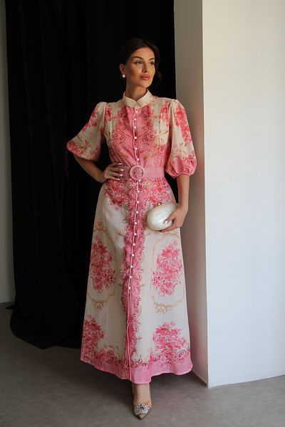 Julidress Λινό φόρεμα με ροζ σχέδιο με ζώνη και τσέπες Midi μήκους Premium Design