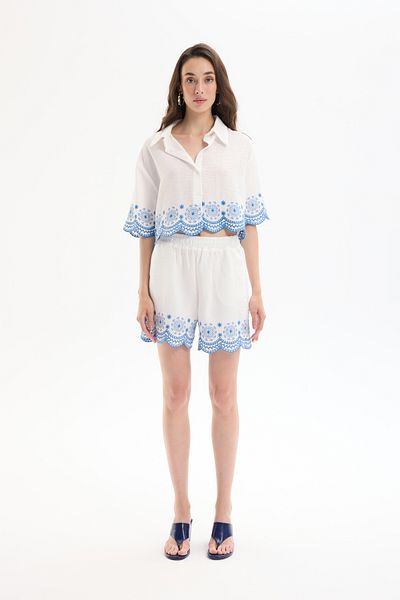 Quzu Embroidery Detailed Elastic Waist Mini Shorts Ecru