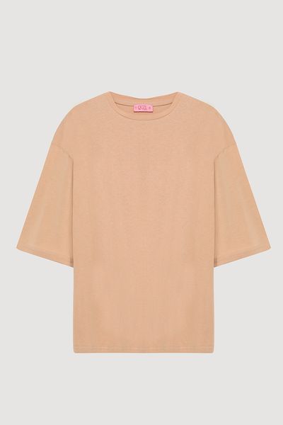 Quzu Three-Quarter Sleeve Basic Oversize T-Shirt Beige