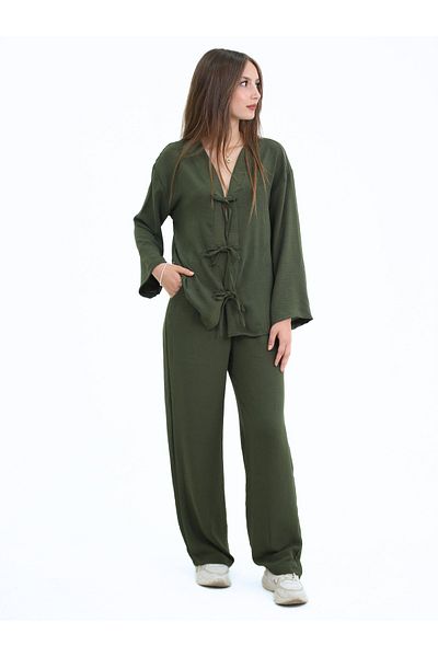 fh fashionhere Women's Kimono Khaki Tied Double Set Ayrobin Fabric