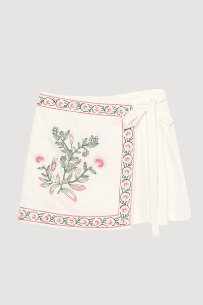 Quzu Embroidery Printed Tie Detail Shorts Skirt Ecru