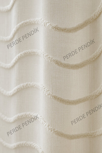 Perde Pendik Belenay Tulle Curtain, Ecru Off-White, Tight Pleats, Fringe, Puff, Tassels, Zigzag Patterned Wavy