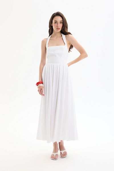 Quzu Strappy Linen Dress - Thick Back Neckline - Ecru Color