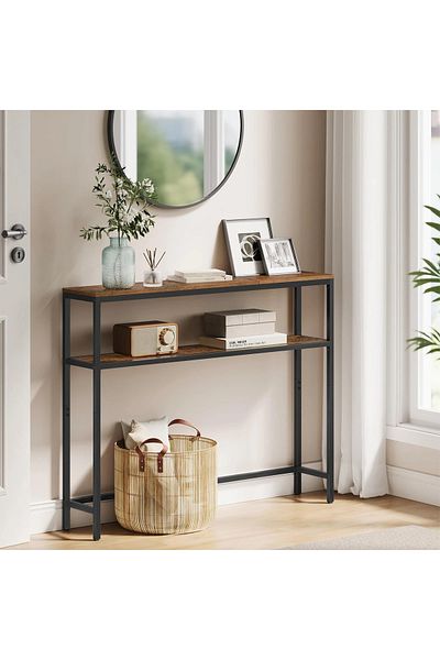 AGD Console Table 100 x 30 x 90 cm, Slim Sofa Table, Side Coffee Table with 2-Tier Storage Shelf
