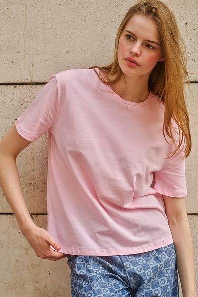 Quzu Crew Neck Oversize Basic T-Shirt Pink
