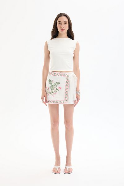 Quzu Embroidery Printed Tie Detail Shorts Skirt Ecru