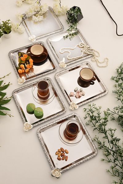 AKSESUAR EVRENİ Argento Stainless Silver Square Patterned 6 Presentation Tray with Stones