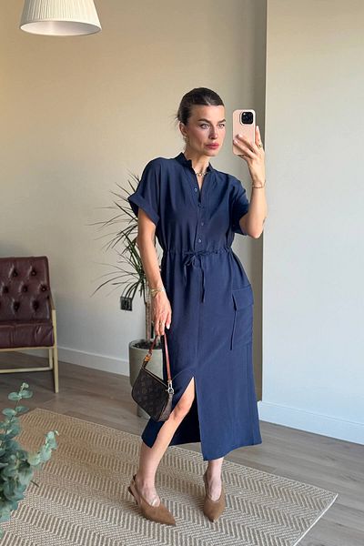 Sue Store Navy Blue Judge Collar Waist Lace-up Slit Shirt Dress