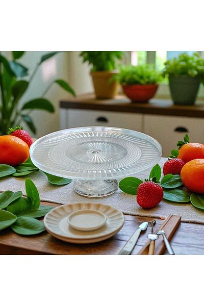 Noah Exclusive 24 cm Glass Footed Presentation Plate - Footed Glass Cake - Pastry Serving Plate