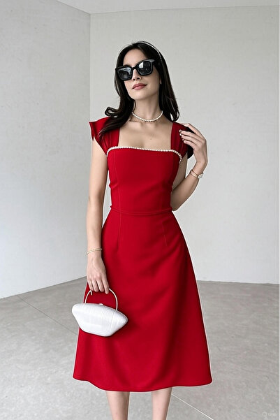 ALFUDO Moda Collection Özel Tasarım İnce Detay Kırmızı Midi Elbise