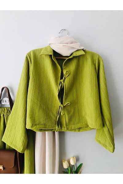 Butik İnci̇ Wears Shirt Collar Two Tie Seersucker Skirt Suit-Oil Green