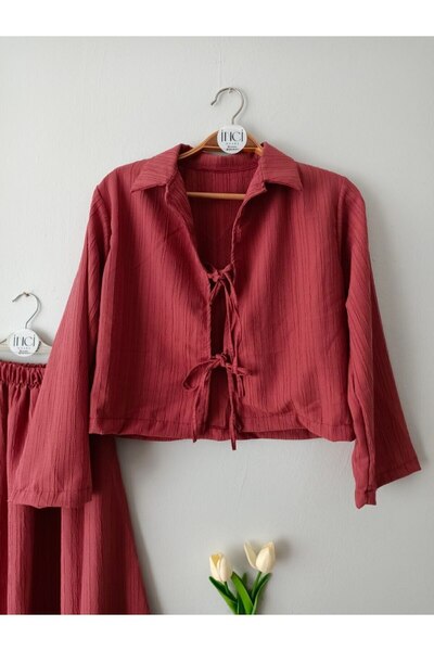 Butik İnci̇ Wears Shirt Collar Two-Tie Seersucker Skirt Set-Dry Rose