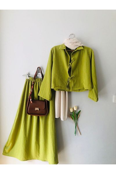 Butik İnci̇ Wears Shirt Collar Two Tie Seersucker Skirt Suit-Oil Green