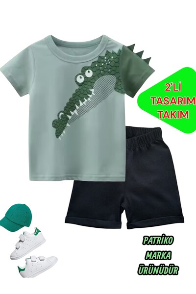 3D Light Green Crocodile Design & Black Shorts T-Shirt Set Nursery, Kindergarten Boys Set