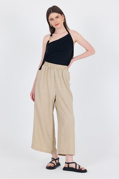 Rays Beige Linen Textured Cotton Side Detail Wide Leg Trousers 4820A