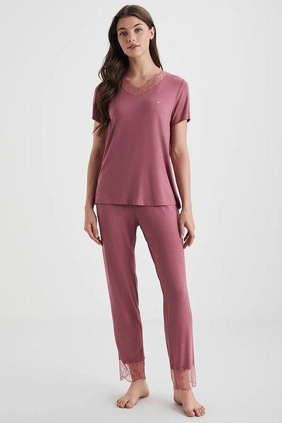 Penyemood Dusty Rose Women's Combed Cotton Suit Lace Home Wear Set C6T5N49