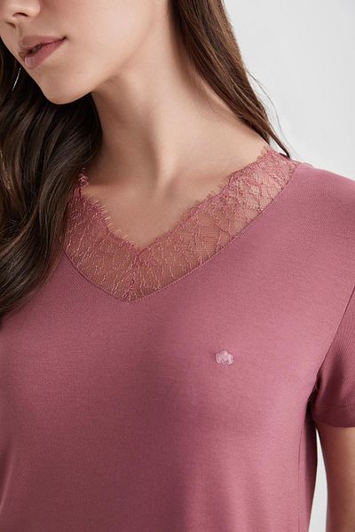 Penyemood Dusty Rose Women's Combed Cotton Suit Lace Home Wear Set C6T5N49