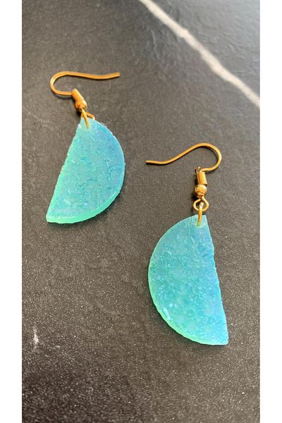 MISS GOLDEN Serrated Crystal Pattern Water Green Color Gold Accessories Half Circle Moon Shape Epoxy Earrings Handmade