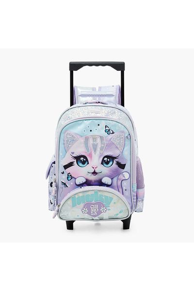 Juniors Cat Print Trolley Backpack with Adjustable Shoulder Straps - 14 inches
