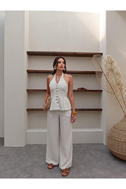 ESRAHELVACI Halter Neck Strapless Backless Linen Suit