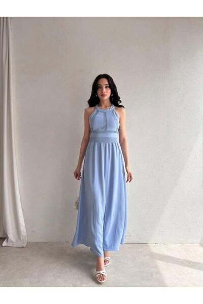 meisa Γυναικείο φόρεμα μάξι με κρίνκλι ύφασμα με γιακά με γιακά