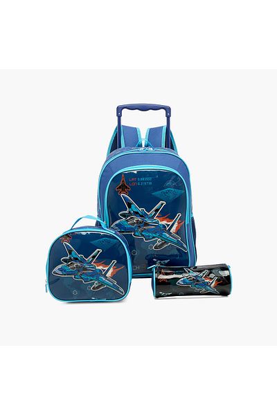 Juniors Jet Plane Print Trolley Backpack with Lunch Bag and Pencil Pouch