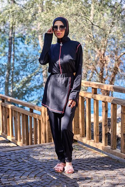 NS TASARIM MAYO Powder Stripe Design Hijab Jumpsuit Swimsuit with Lycra Modular Skirt