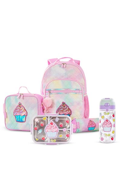 Eazy Kids مجموعة من 5 حقائب ظهر مقاس 17 بوصة مع زجاجة مياه، وصندوق غداء، وحقيبة غداء، وحافظة أقلام - لون وردي سكري