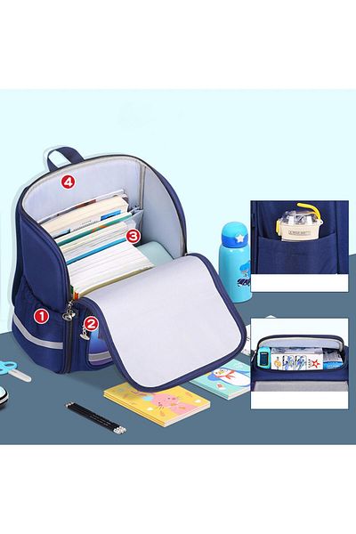 Bonfino Bonfino School Bag, Night Reflective Light, S-Spine Curve Support, Navy Blue - 17 Inches