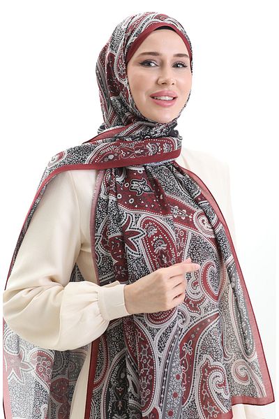 sefamerve Σάλι από βαμβακερό σχέδιο Karaca 82001-05 Claret Red Black