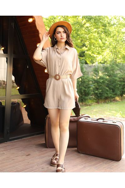 PNR WOMAN Shirt Collar Button Front Belted Modal Fabric Jumpsuit with Shorts