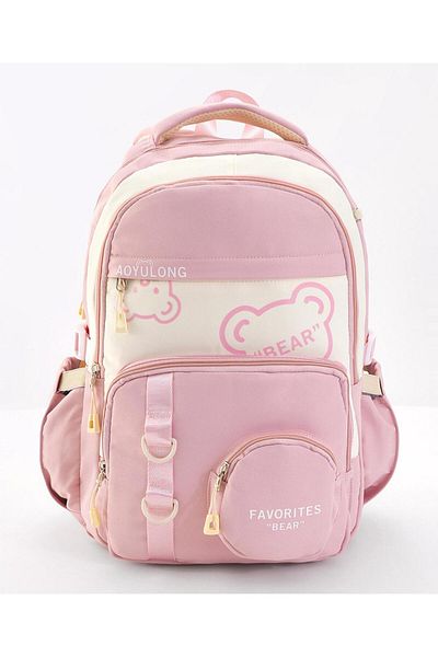 Bonfino Bonfino School Bag Bear Themed, Padded Straps, Water Bottle Holder, Pink - 17 Inches