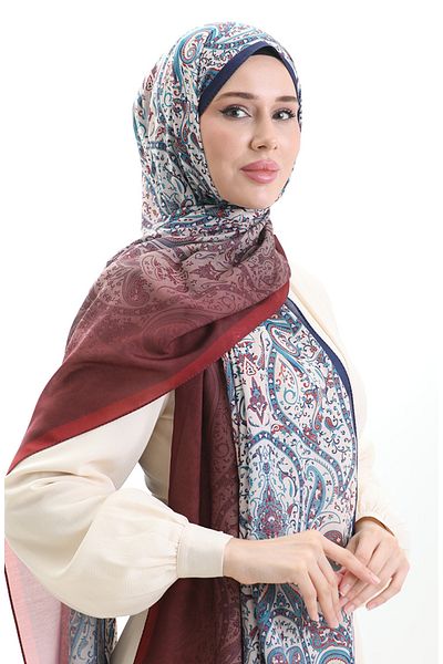sefamerve Σάλι από βαμβάκι με σχέδιο Karaca 82003-03 Claret Red Navy Blue