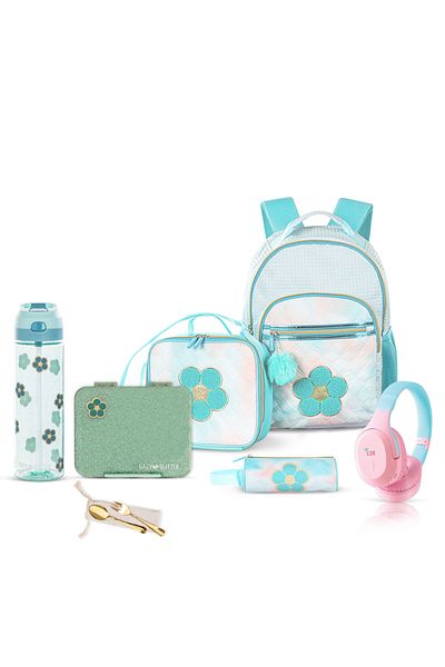 Eazy Kids مجموعة من 6 حقائب ظهر مقاس 18 بوصة مع زجاجة ماء، وصندوق غداء، وحقيبة غداء، وحافظة أقلام، وسماعة رأس بلوتوث - لون أخضر فلورا