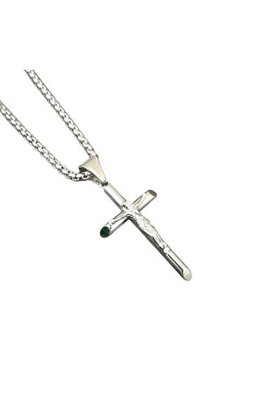 Tessero Cubic Design Necklace with Jesus Christ Cross Pendant, Stainless Steel, 24K Gold-Plated, Silver