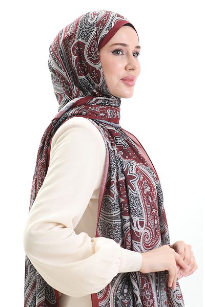 sefamerve Σάλι από βαμβακερό σχέδιο Karaca 82001-05 Claret Red Black
