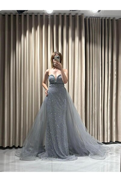 Kaleiçi Yıldızlar Gri Taş İşlemeli Balık Tül Pelerinli Önü Detaylı HV682