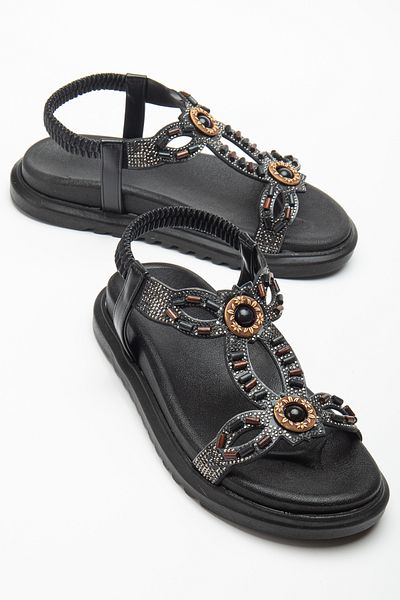 Tonny Black Women's Black Stone Embroidered Sandals with Elastic Back
