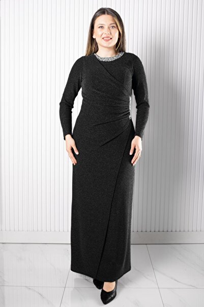 SUBU TASARIM Evening Dress with Stone Print Detail Black Tbsmda2537