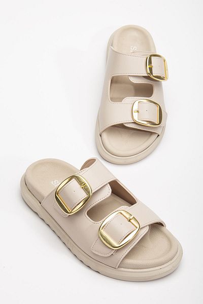 Tonny Black Women's Beige Double Strap Buckle Detailed Slippers