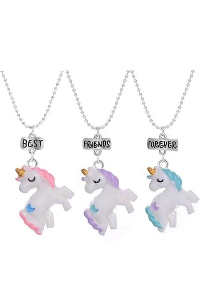 Tessero Set de trei lănțișoare pentru prieteni, BFF, model în formă de unicorni și charm-uri cu Best F