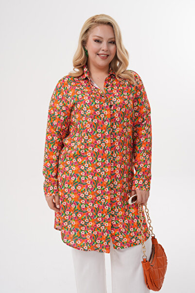 Polologin Butik Small Floral Patterned Orange Viscose Tunic
