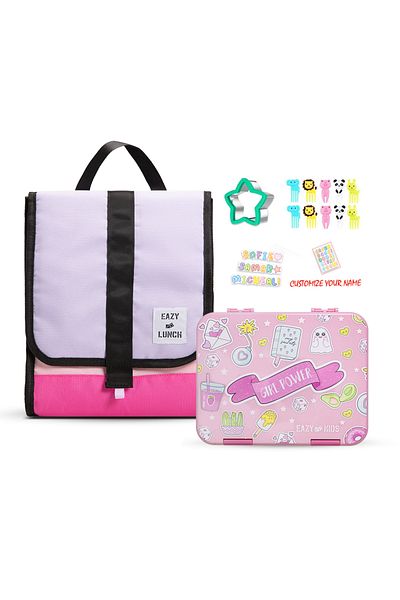 Eazy Kids 5&4 Convertible Bento Lunch Box w/ Lunch Bag, Sandwich Cutter Set-Girl Power