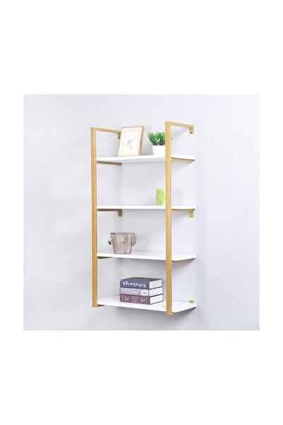 Hitit Dekorasyon Tasnia Gold Metal Ahşap Duvar Rafı 60cm 4 Katlı