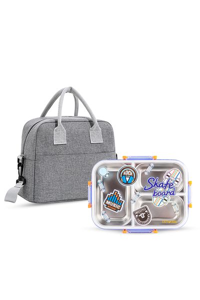 Eazy Kids 3 Compartment Stainless Steel bento Lunch Box, 800ml w/ Lunch Bag-Skate Board Purple