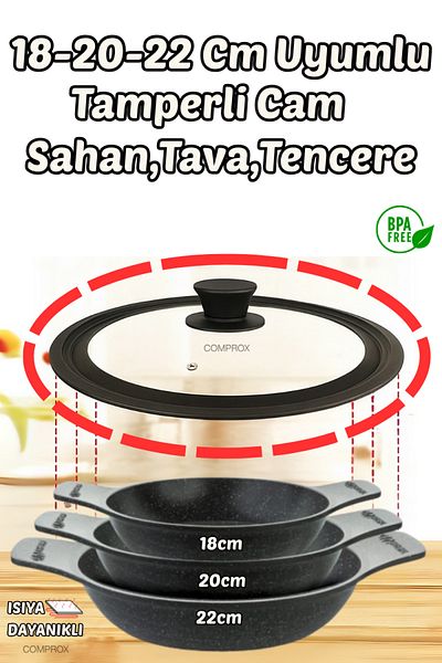 Comprox Pot and Pan Glass Lid with Steam Hole Cover 18-20-22 cm Black Holding Top