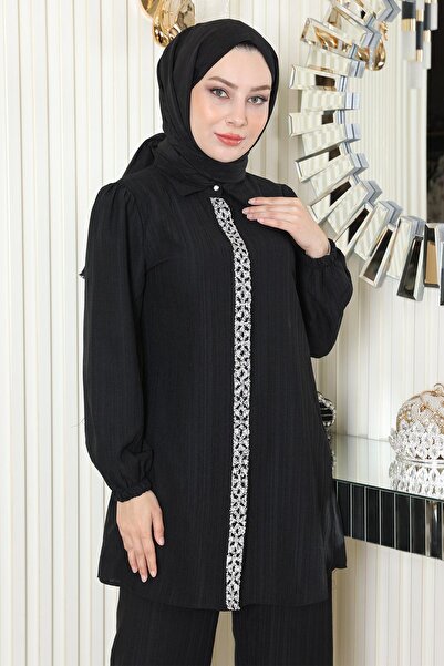 Missvalle بدلة بتفاصيل حجرية باللون الأسود MSW19195