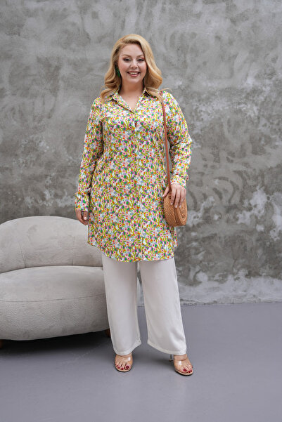 Polologin Butik Small Floral Patterned Cream Viscose Tunic